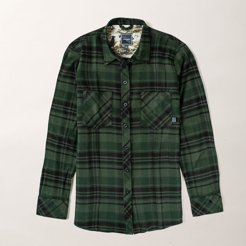 Pladra Women’s Every Day Elite Flannel Shirt in True Green, with two chest pockets, laid flat on a light background.