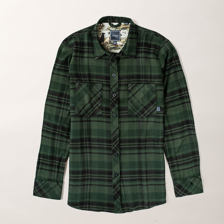 Pladra Women’s Every Day Elite Flannel Shirt in True Green, with two chest pockets, laid flat on a light background.