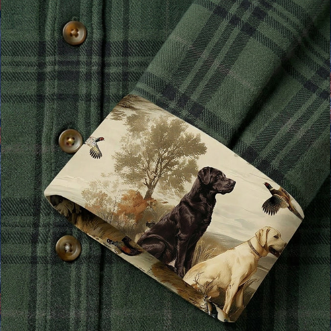 Pladra Women's Every Day Elite Flannel Shirt in True Green, cuff lined with a hunting scene on heavyweight cotton.