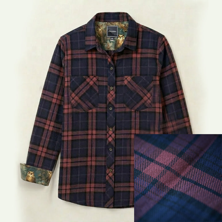 Women's Every Day Elite Flannel Shirt in Farallon Grey, a navy and burgundy cotton flannel plaid with chest pockets and a nature-print cuff lining.