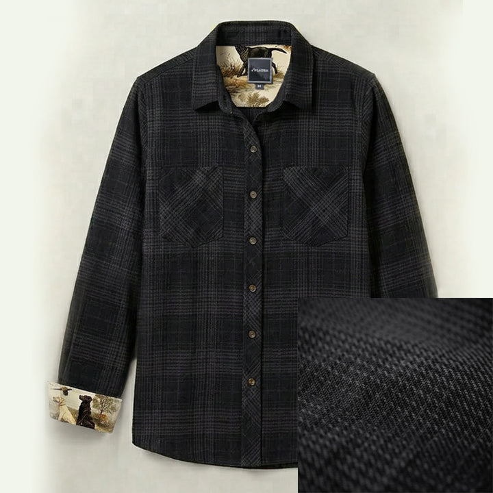 Pladra Women's Fireside Flannel in Night Black: heavyweight plaid shirt with printed cuffs and textured fabric weave.
