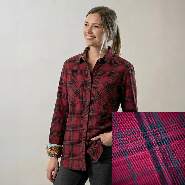 Woman wears Pladra Women's Every Day Flannel Shirt in Rogue Red; inset shows the shirt's soft cotton fabric pattern.