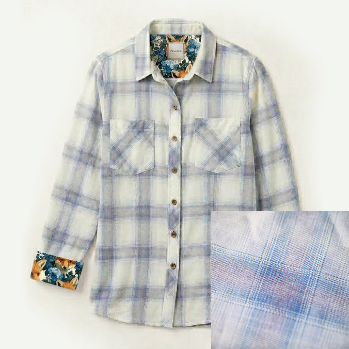 Women's Every Day Flannel Shirt in Snow White Heather, a light blue and white Portuguese cotton plaid with floral cuff and collar lining.