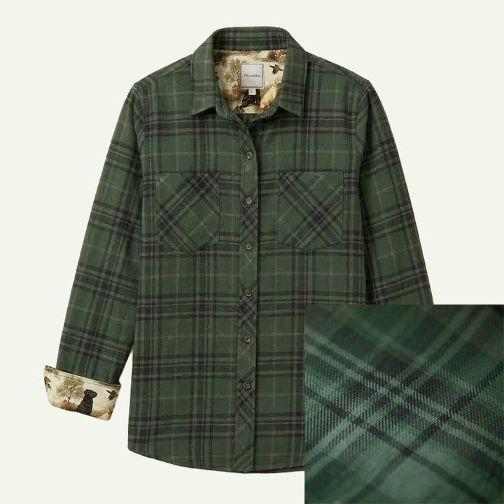 Pladra Women's Every Day Elite Flannel Shirt in True Green features heavyweight cotton and forest-patterned lining.