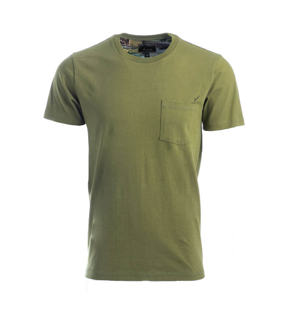 The Men's Heavyweight Pocket Tee in Avocado Green features a short-sleeve crew neck, left chest pocket with an embroidered logo, and is crafted from soft, durable cotton jersey. Displayed against a plain white background.