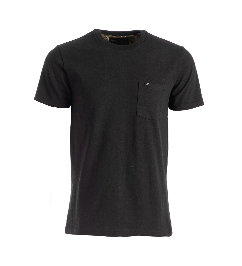 The Men's Heavyweight Pocket Tee - HB Onyx Black is a plain black 100% cotton shirt with a round neckline and a left chest pocket, shown on a white background.