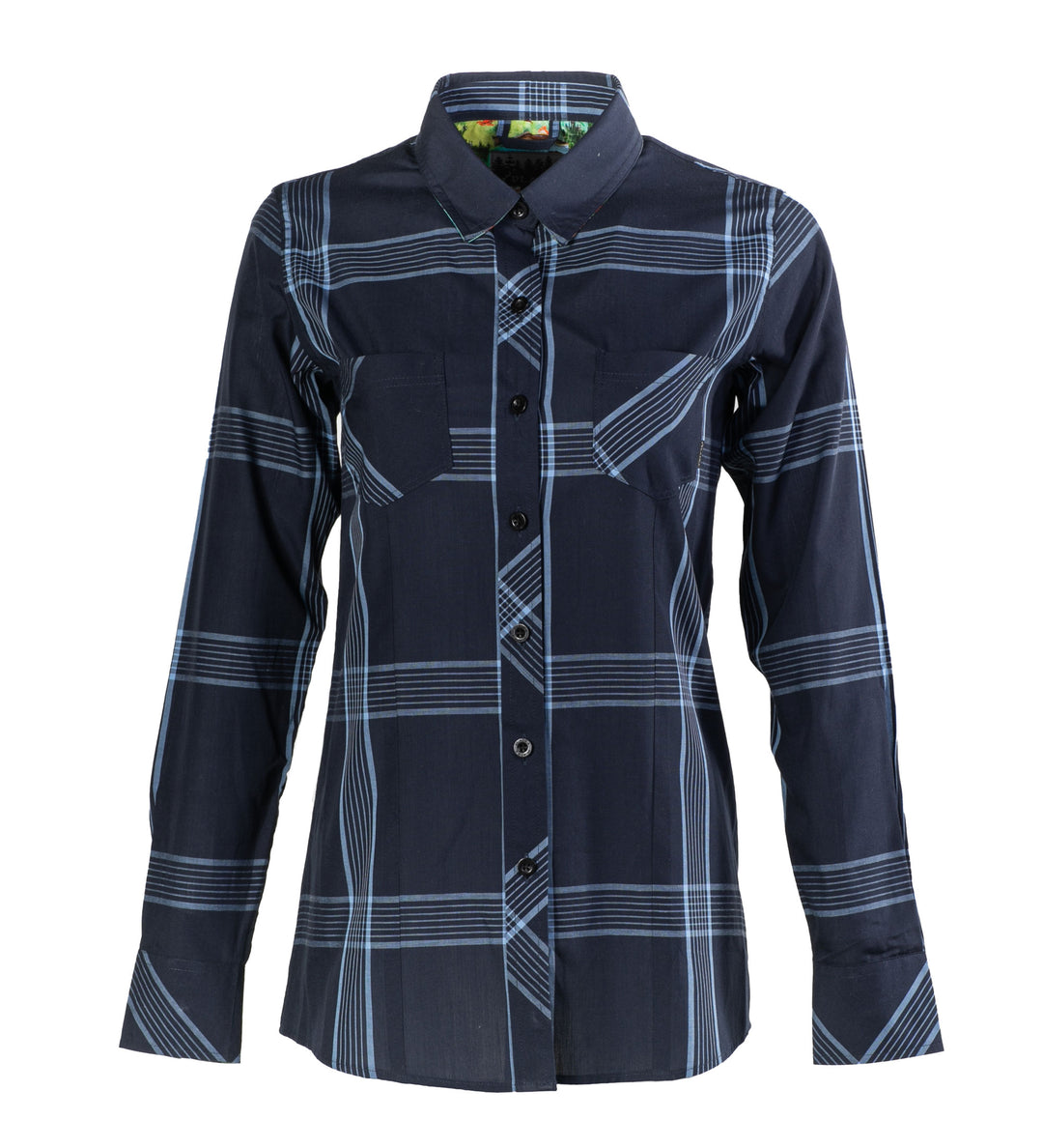 The Women’s Breeze Shirt in Ocean Blue is a long-sleeved, button-up tencel cotton shirt with a navy and light blue plaid pattern, two chest pockets, and a collar.