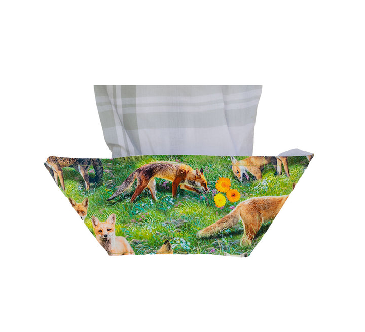 A fabric basket with a fox print and white-gray lining, ideal for storing the Pladra Women&