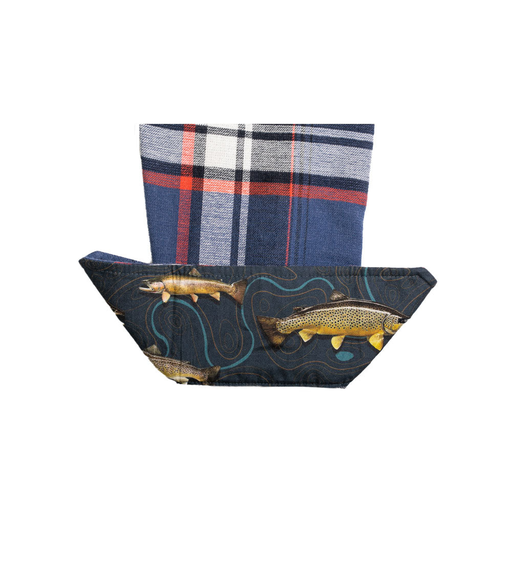 A fabric item with a blue, red, and white plaid top, like the Women&