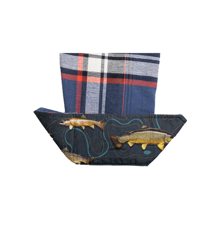 A fabric item with a blue, red, and white plaid top, like the Women&