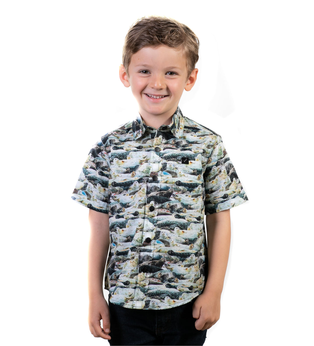 A young boy with short brown hair smiles while wearing the Toddler Cubs Outdoor Aloha Shirt- Seals, a 100% cotton, short-sleeved shirt with a vibrant seal pattern. He stands against a plain white background.
