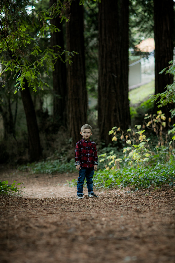 A young boy wearing the Toddler Cubs Flannel Shirt- Rocky Red and jeans stands on a forest path, surrounded by tall trees and greenery as sunlight filters through the leaves.