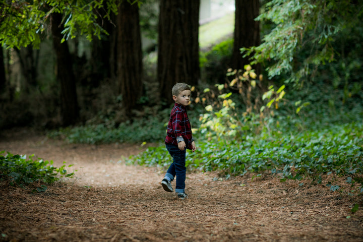 A young boy wearing the Toddler Cubs Flannel Shirt in Rocky Red and jeans walks along a forest path lined with tall trees and greenery, glancing back over his shoulder.