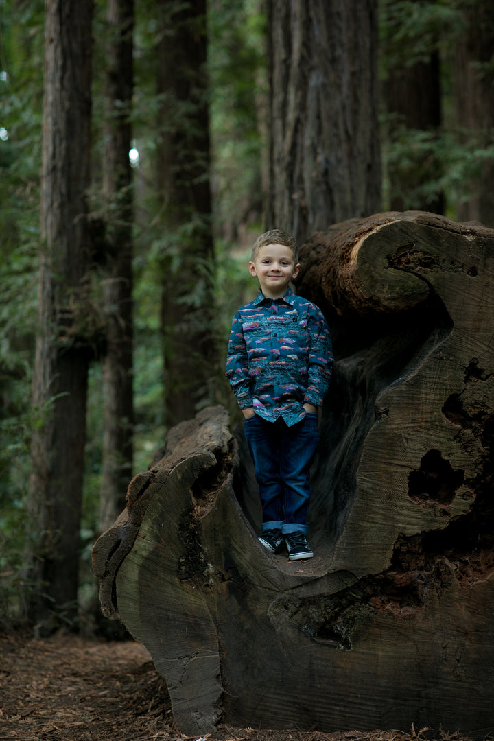 Young boy wears a Pladra Toddler Cubs Printed Shirt–Trout while standing on a large tree trunk in a tall forest.