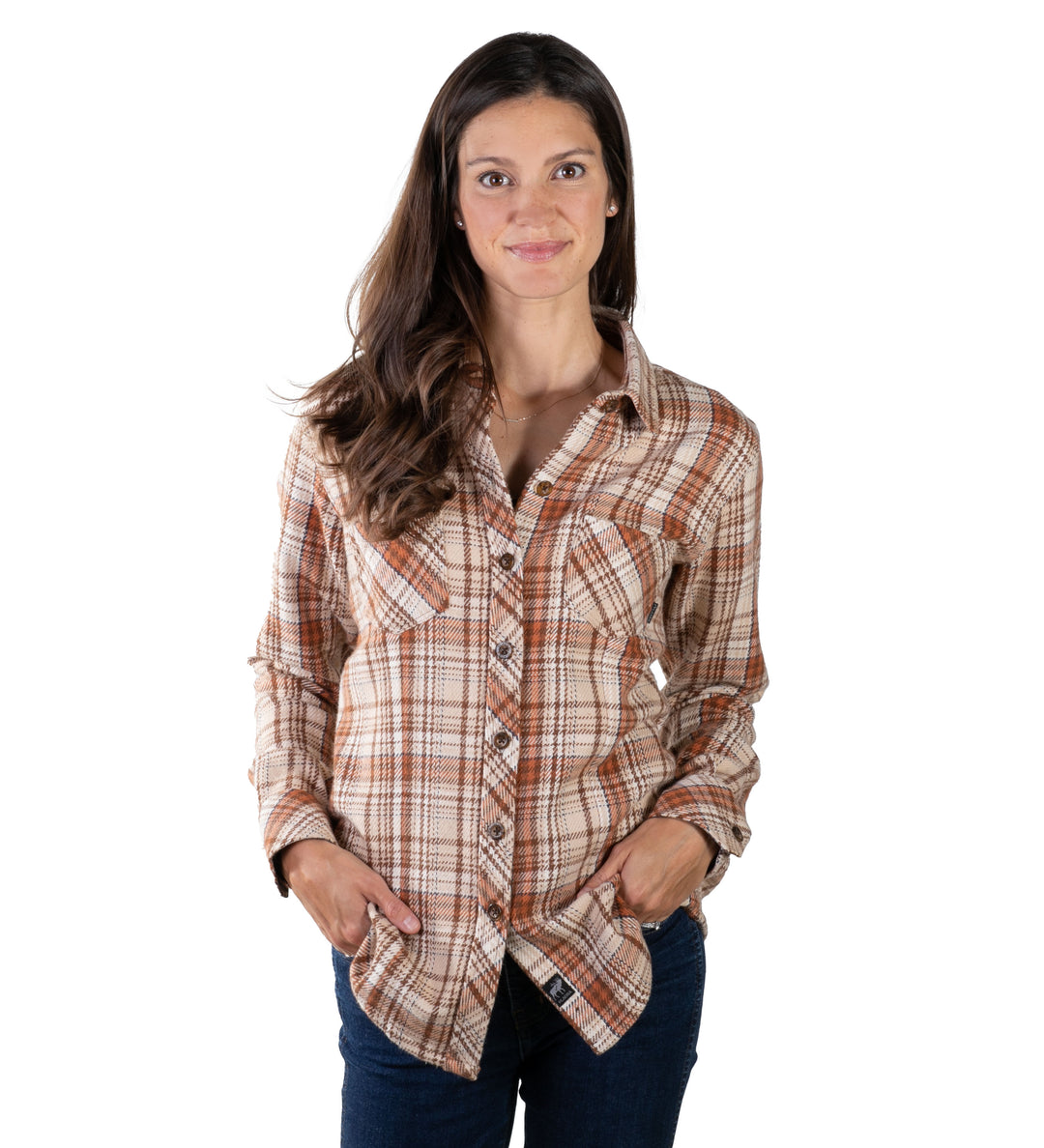 A woman with long brown hair wears the Women&