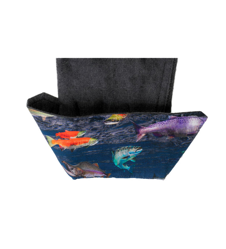 Rectangular fabric basket with a dark interior and a vibrant fish pattern on the exterior, inspired by the jet black heather color of the Women&