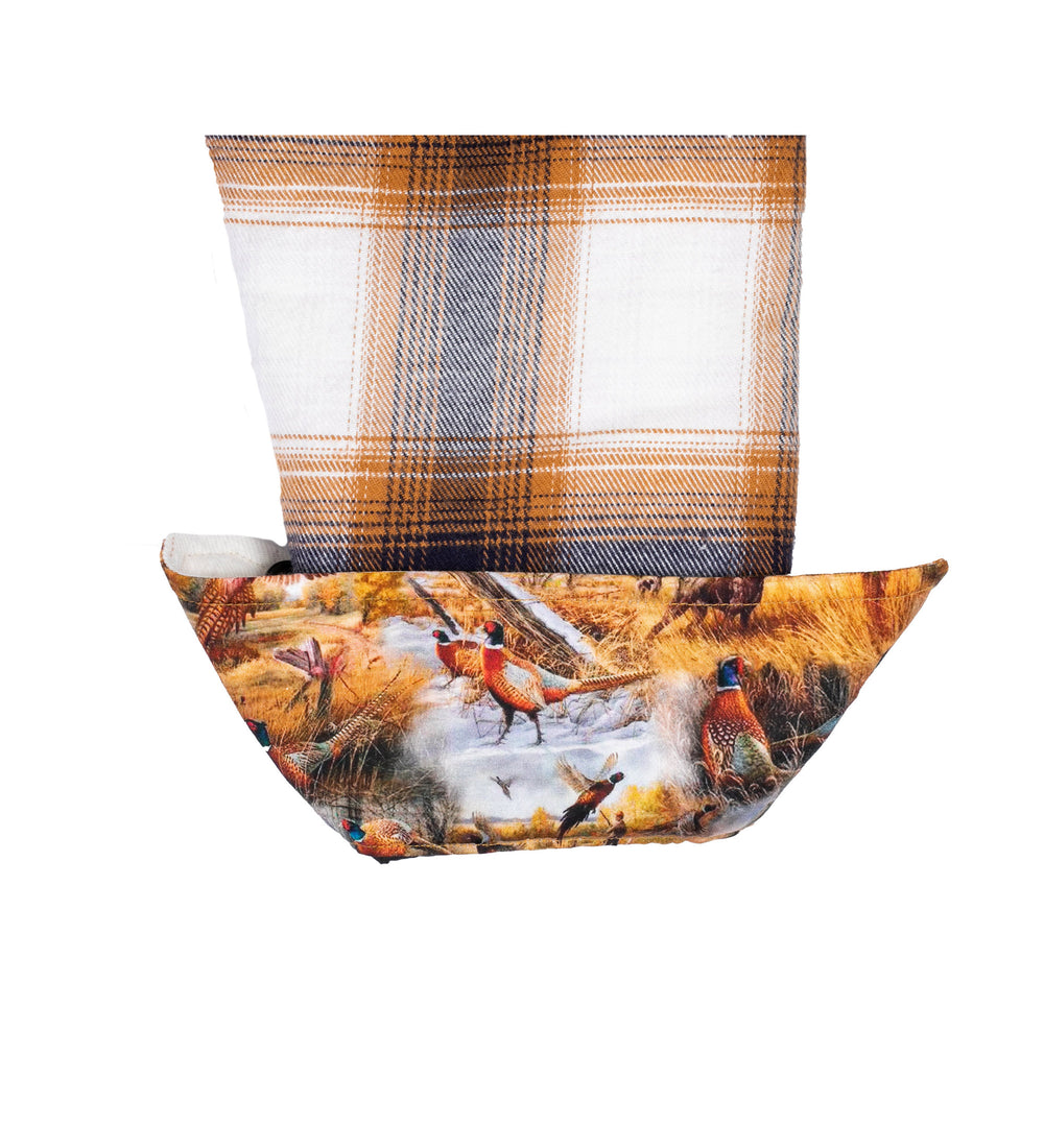Pladra Women's Northwood Sherpa Flannel Jacket in Peak White, features plaid and pheasant print details.