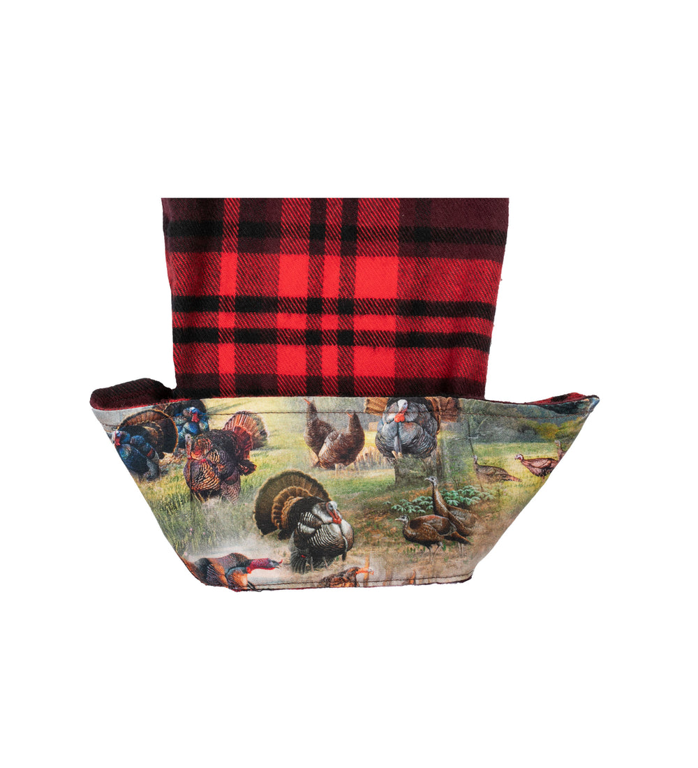 A fabric basket with a red and black plaid lining inspired by the Women's Every Day Flannel Shirt- Western Red, featuring turkeys, chickens, and a countryside scene on a white background.